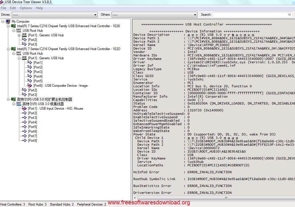 USB Device Tree Viewer v3.8.3 Show the USB Device Tree